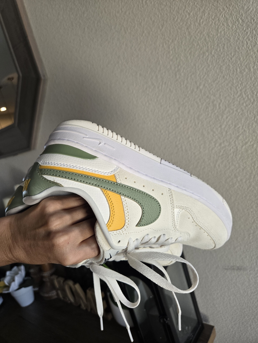 Nike Air Force 1 Cream/White Low-Top Sneakers with Green & Yellow Accents - Picture 7 of 8